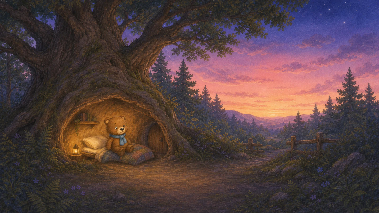 Benny Bear's cosy cave beneath an old oak as stars appear in the evening sky