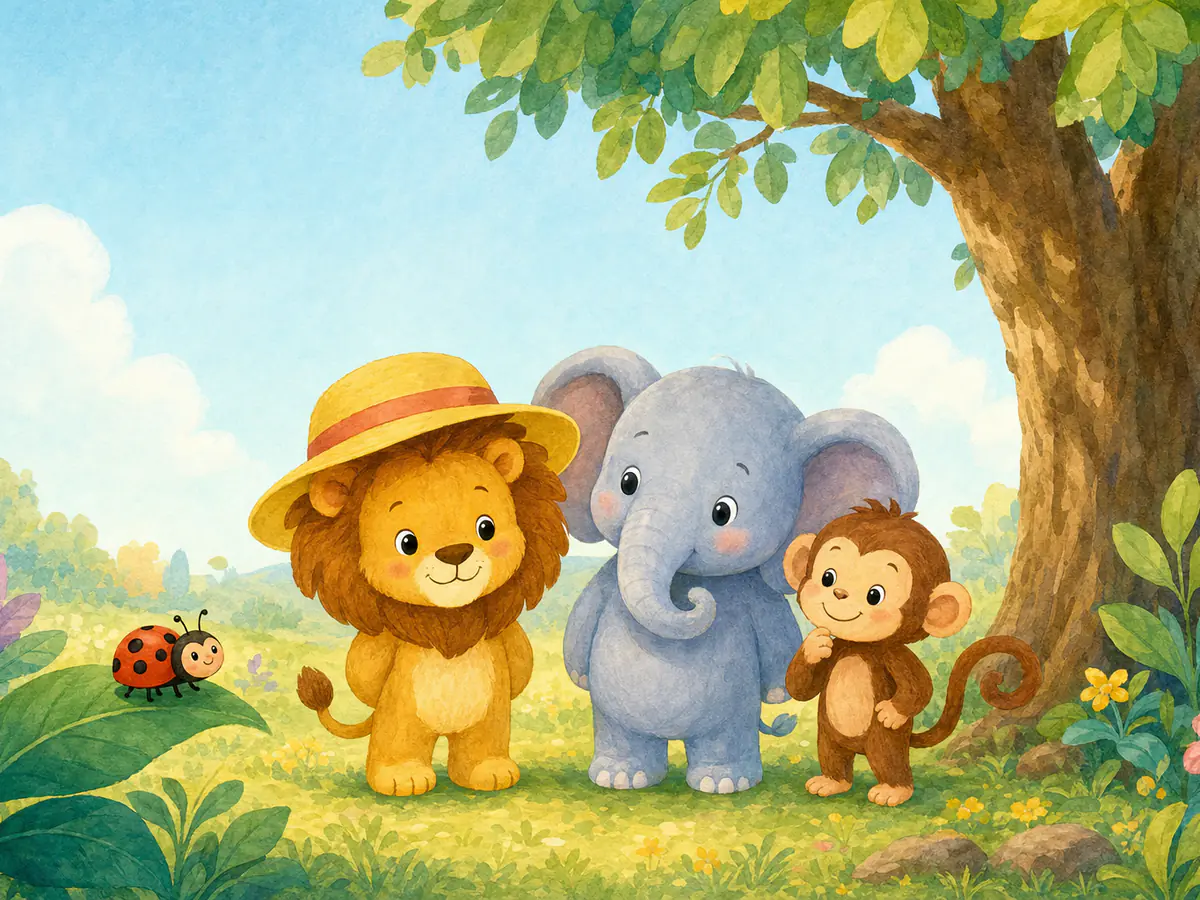Lion and friends looking for a lost hat in a bright picture-book forest